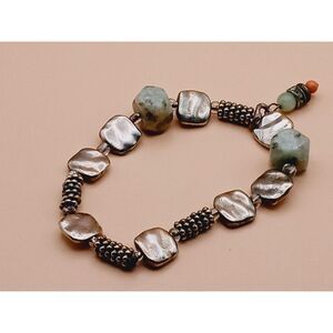 Natural Kiwi Jasper and Silver Tone Charm Bracelet with Dangle Charm